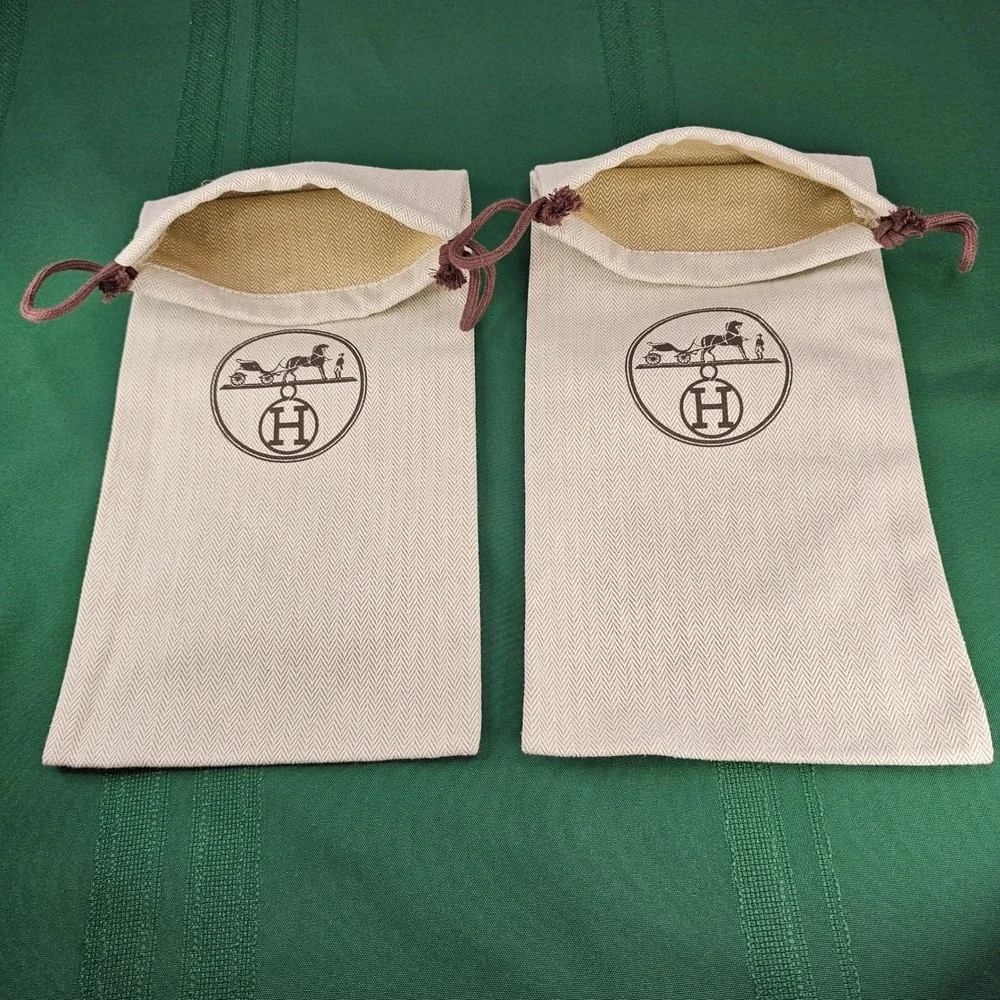 2 Hermès‎ Dust Bags Pouches Beige Paris Herringbone Drawstring Storage 14x6.5